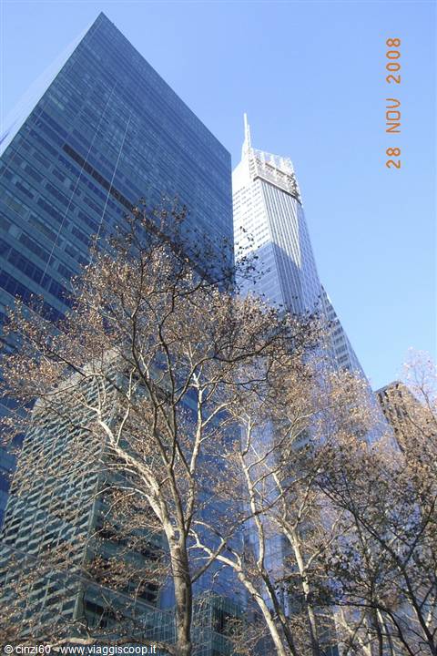 Bare trees in front of glass skyscrapers at Bryant Park, Manhattan