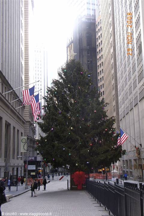Christmas tree among Wall Street skyscrapers with American flags and pedestrians