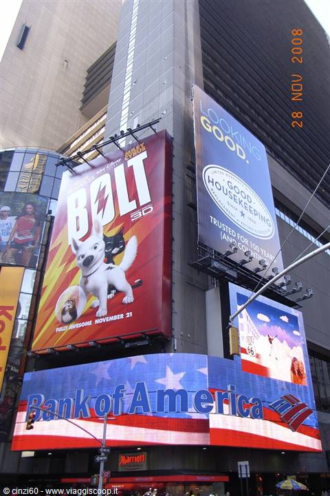 Times Square: buildings with huge Bolt and Bank of America billboards