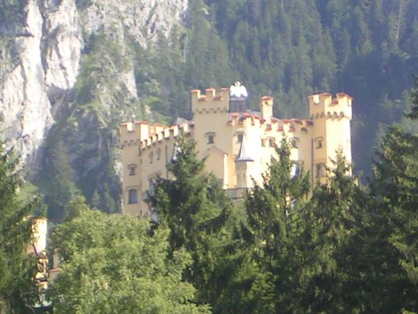 Yellow castle with crenellated towers among firs and rocks, Hohenschwangau