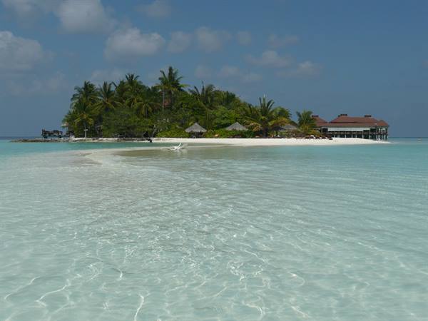 Tropical island with palms and overwater bungalows, clear turquoise sea