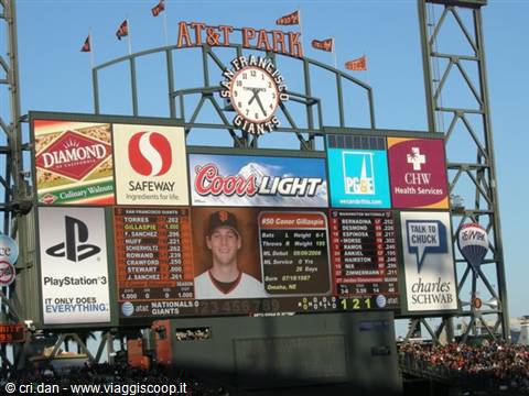 AT&T Park scoreboard with clock and ads, San Francisco Giants