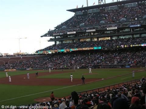 Baseball game at AT&T Park in San Francisco, packed crowd in the stands