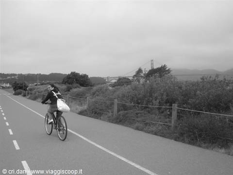Cyclist riding on paved path, Golden Gate Bridge hidden in fog