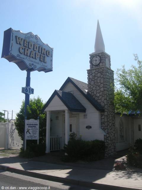 Graceland Wedding Chapel in Las Vegas, blue sign and stone steeple