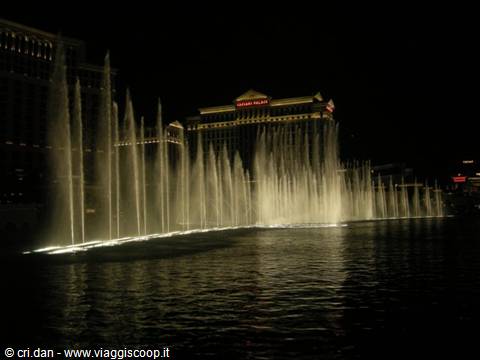 Illuminated fountains at night in front of Caesars Palace, Las Vegas