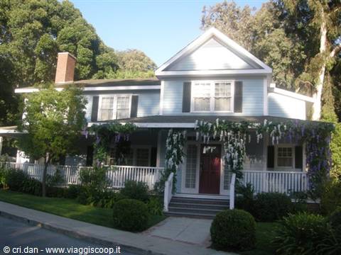 Light blue wooden house with porch and flowering wisteria, surrounded by trees