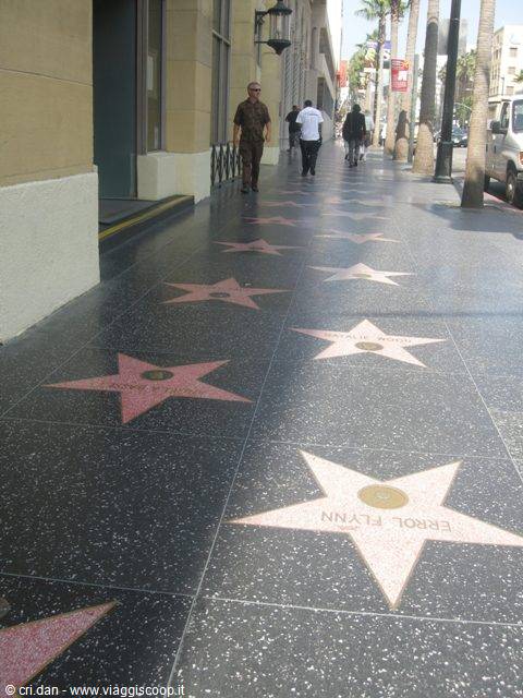 Pink terrazzo stars of the Hollywood Walk of Fame under palm trees, pedestrians passing by