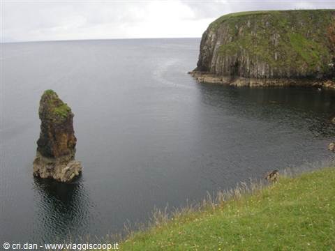 Rocky sea stack in dark water beneath grassy green cliffs