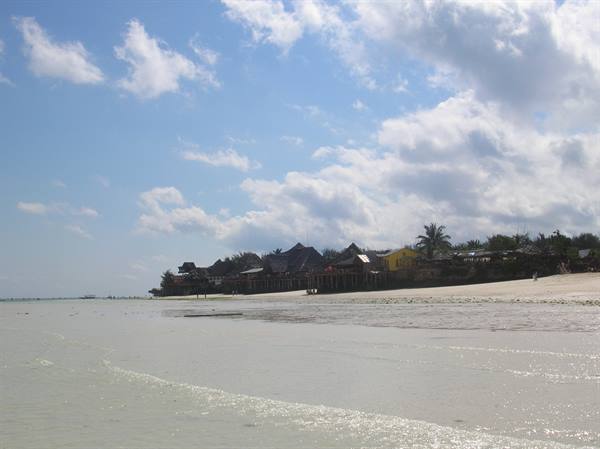 white sand beach with wooden restaurants and palm trees under drifting clouds