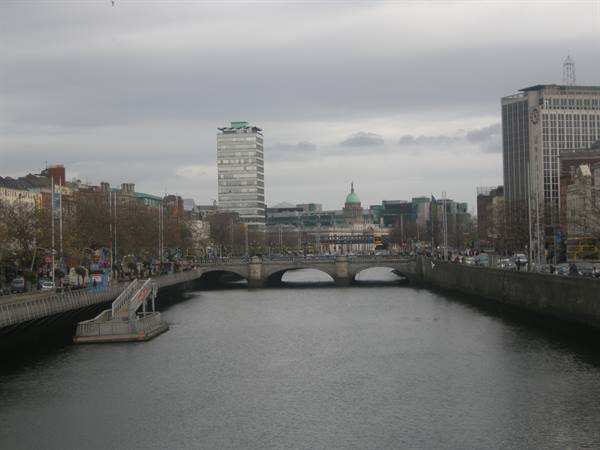The River Liffey in Dublin with O'Connell Bridge and the Custom House dome