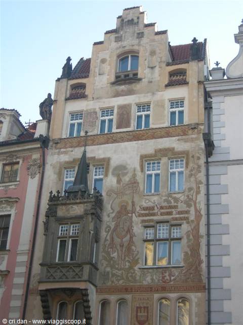 Facade decorated with St Wenceslas mural on horseback, Old Town Square