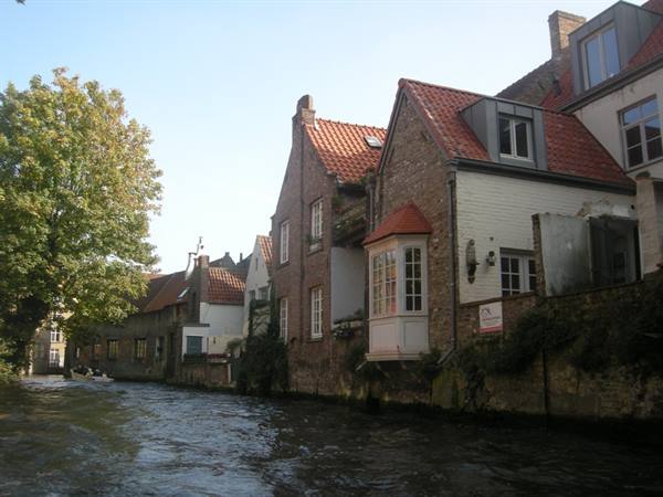 Brick houses with red roofs overlooking a canal in Bruges