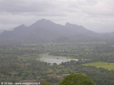 Lake and rice fields surrounded by misty mountains under cloudy sky