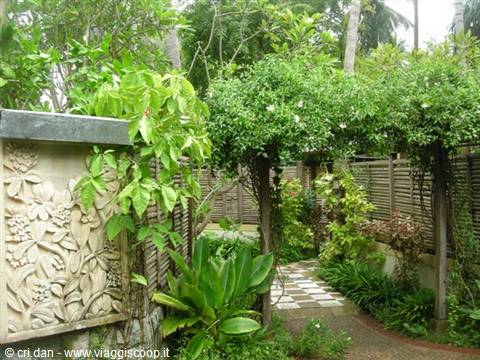 Tropical garden with wooden pergola and carved stone panel