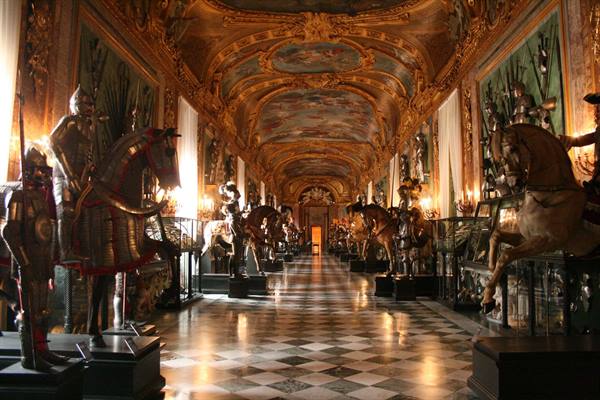 Royal Armoury of Turin: armors and horses beneath gilded ceilings and marble