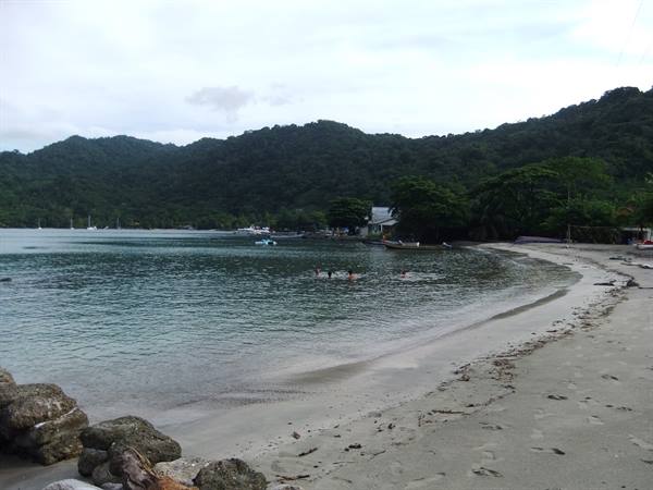 Sandy beach with swimmers, boats, lush green hills and houses by the sea