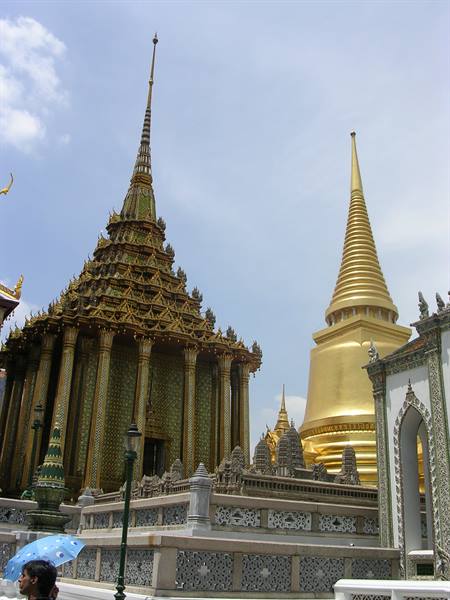 Wat Phra Kaew, golden stupa and ornate prang under Bangkok's blue sky