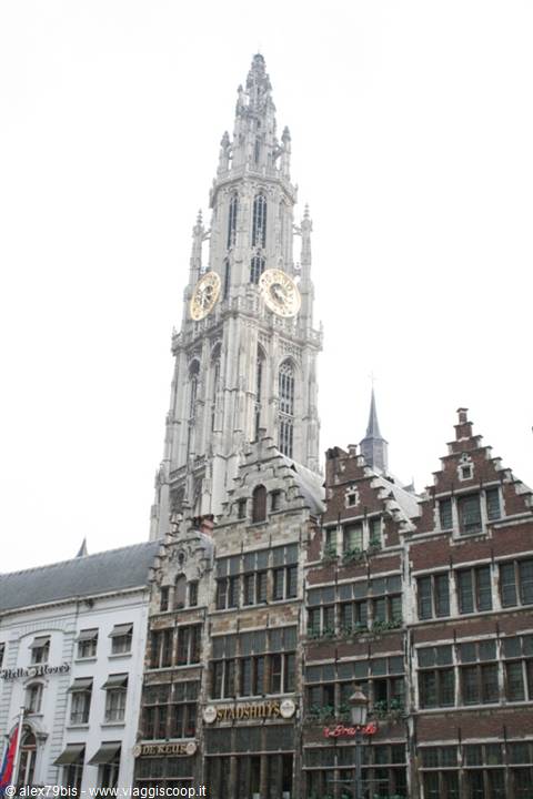 Antwerp cathedral tower rises above stepped-gable guild houses