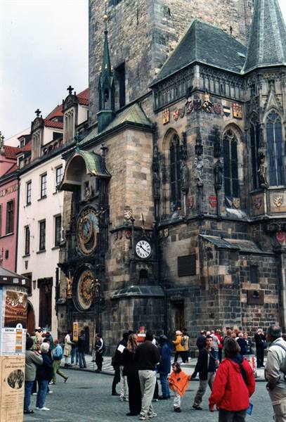 Tourists in front of the Old Town astronomical clock in Prague