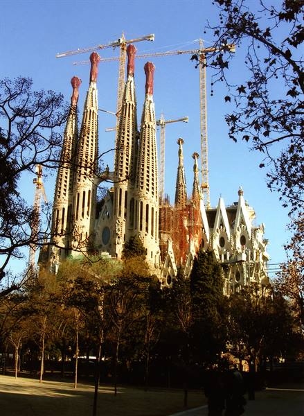 Sagrada Família towers with cranes among the trees, Barcelona
