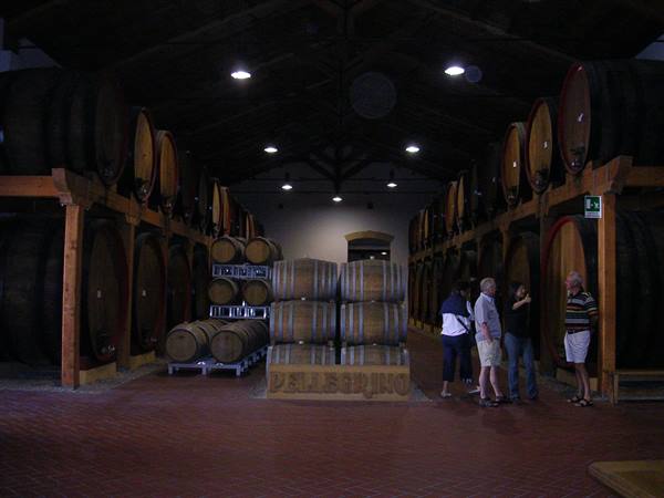 Visitors among large wooden barrels in a lit winery cellar