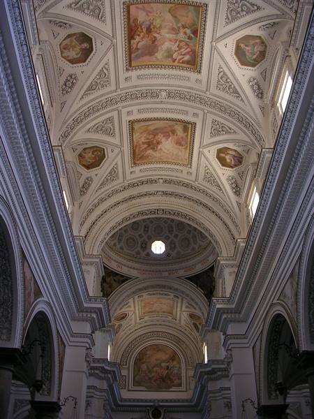 Frescoed ceiling and dome of Salerno Cathedral, white stucco vaults