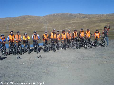 Group of cyclists in orange vests and helmets posing on a mountain road