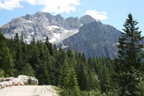 Gravel road through firs toward rocky snow-dappled peaks, Dolomites