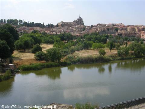 The Tagus river reflects trees and Toledo's old buildings under summer sky