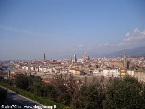 Florence from Piazzale Michelangelo, the Duomo and Santa Croce under blue sky