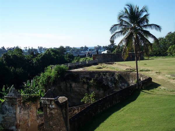 Old stone walls with palm tree, green lawn and sea in background