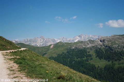 Dirt path over grassy slopes toward jagged dolomite peaks, blue sky