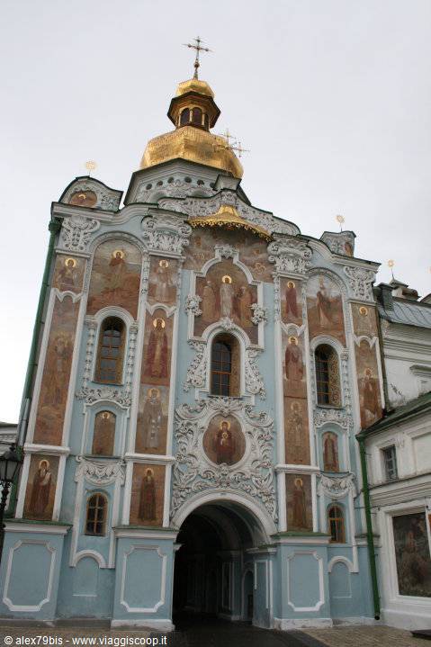 Church covered in saint frescoes with golden dome, Kyiv Pechersk Lavra