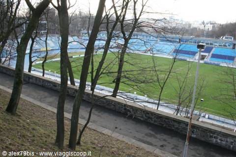 Blue stands and green pitch of a stadium seen through bare trees