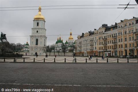 Saint Sophia Cathedral in Kyiv, white bell tower and golden domes