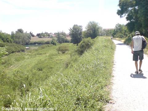 Walker with backpack on white gravel road beside grassy canal