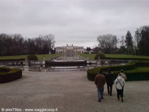 Villa Pisani at Stra: reflecting pool, hedges and visitors toward the facade