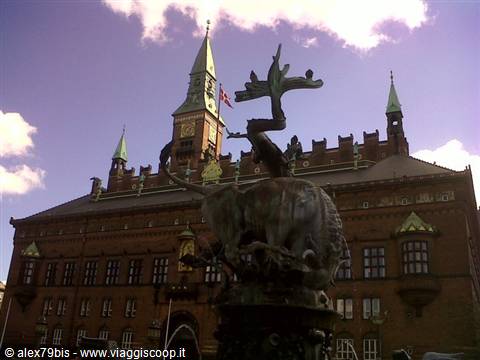 Dragon fountain in front of Copenhagen City Hall, cloudy morning