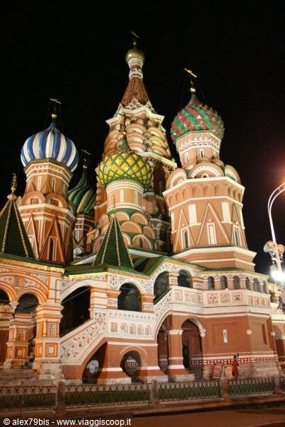 Saint Basil's Cathedral illuminated at night in Moscow, colorful domes