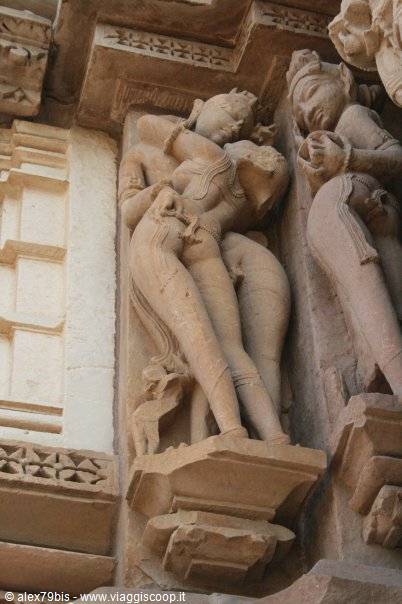 Sandstone carvings of embracing couples on the Khajuraho temple