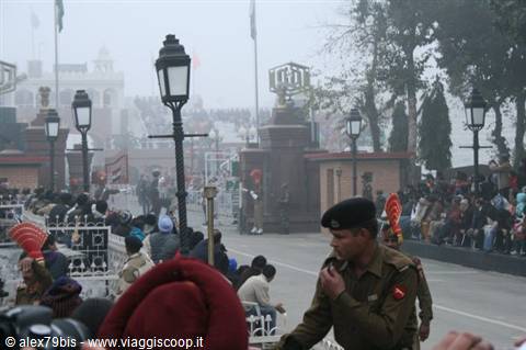 Indian soldier in uniform at the Wagah border ceremony among the crowd