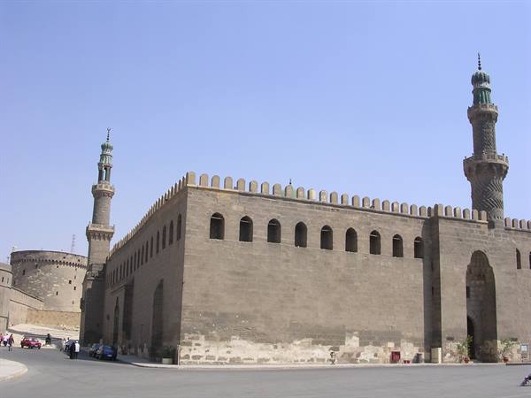 Al-Nasir Muhammad Mosque at Cairo Citadel, stone walls under clear blue sky