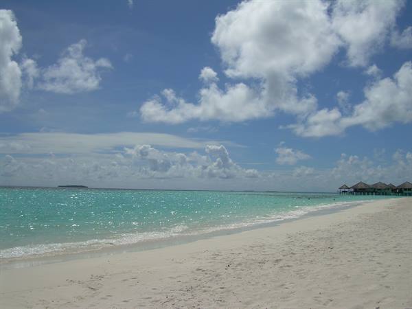 White sand beach and turquoise water, overwater bungalows on the right