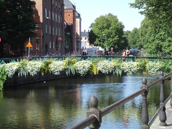 Green bridge decorated with white flowers over a canal, Uppsala