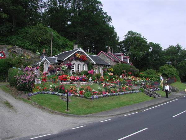 Stone cottage with blooming flower garden by the road, tourists passing, overcast light