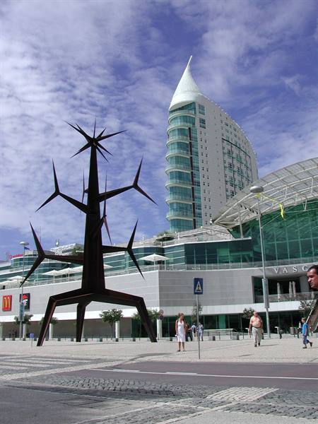 Black spiky sculpture in front of the Vasco da Gama tower in Lisbon