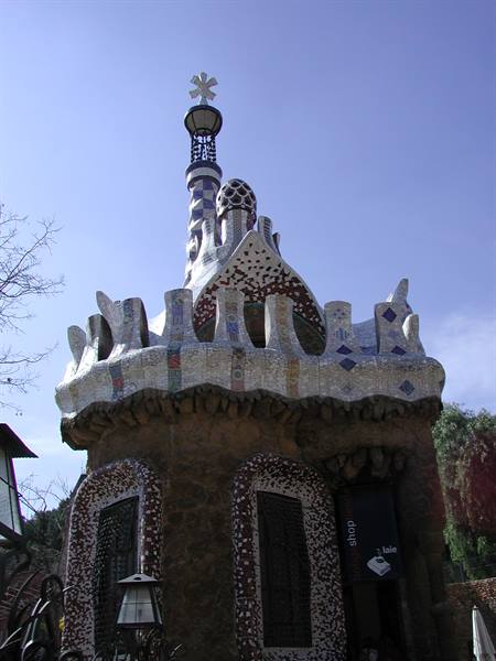 Gaudí pavilion with mosaic spires at Parc Güell, Barcelona