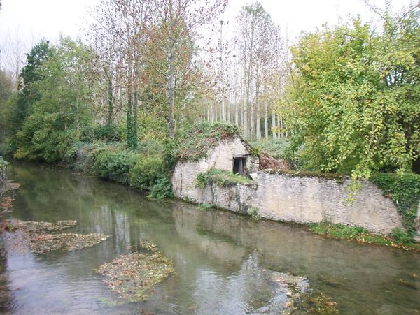 Old stone building covered in ivy beside a clear river among autumn trees