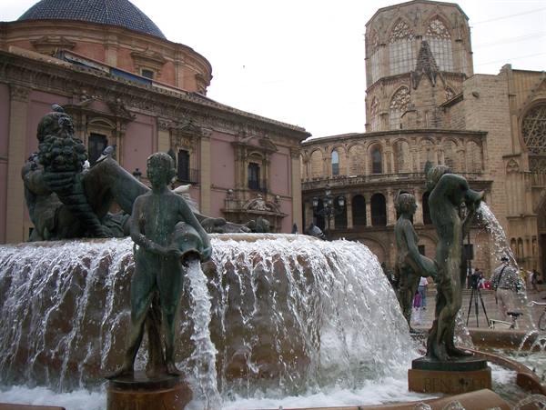 Turia fountain with bronze statues in Valencia, near the cathedral